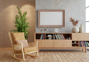 3D mockup photo frame with houseplant in living room rendering