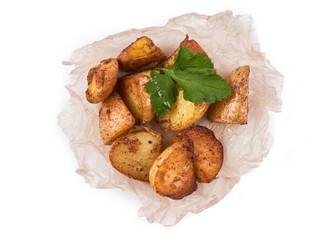 Served fried potatoes with golden crust isolated on white background, top view