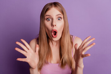 Portrait of funky surprised shocked lady open mouth omg sale reaction wear pink top on violet background