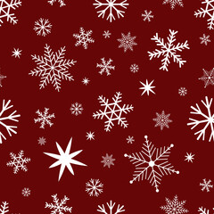 Naklejka na ściany i meble White snowflakes illustration on a red background. Vector seamless pattern. Great for wallpapers, packaging, banner.