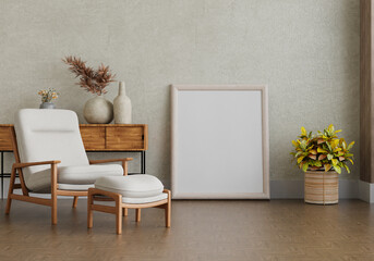 3D mockup photo frame with houseplant in living room rendering