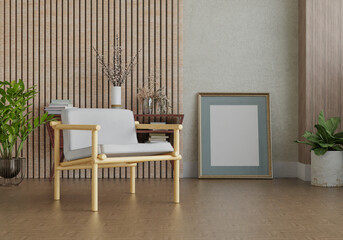3D mockup photo frame with houseplant in living room rendering