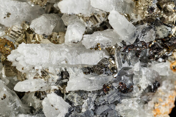 Macro mineral stone Galena, Sphalerite, Pyrite, Quartz on a black background