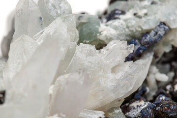 Macro mineral stone Drusus quartz with sphalerite in the rock a white background