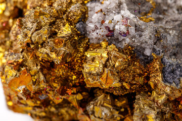 Macro mineral stone  Chalcopyrite on a white background