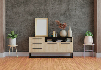 3D mockup photo frame with houseplant in living room rendering