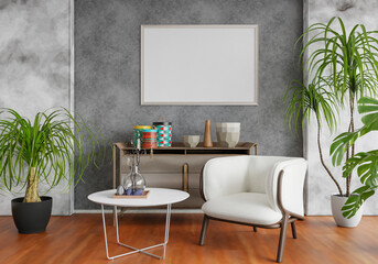3D mockup photo frame with houseplant in living room rendering