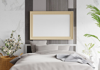 3D illustration Mockup photo frame in bedroom rendering