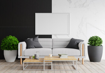 3D mockup photo frame with houseplant in living room rendering