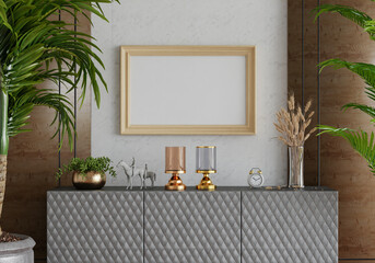 3D mockup photo frame with houseplant in living room rendering