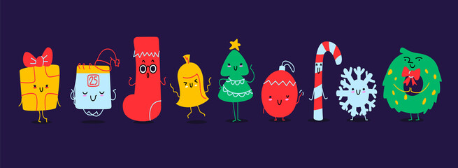 A set of cute funny characters things for Christmas and New year. Emotional faces of different objects on a dark background. Christmas tree, balloon, calendar, lollipop, snowflake.