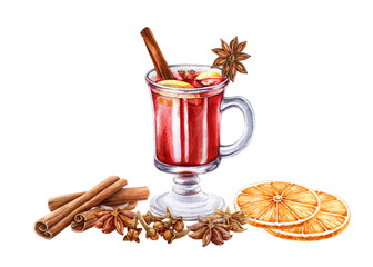 Mulled wine ingredients watercolor illustration. Hand drawn winter warm spicy punch. Mulled red wine with cinnamon, star anise, orange, clove. Festive winter time sweet beverage grog white background