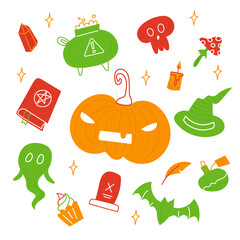 A set of things about Halloween. Pumpkin, Potion vat, Bat, Spell book, Bones, Candy, Skull, Grave, Hat, Fly agaric, Spider web, Ghost, Lollipop, Flask, Magic ball