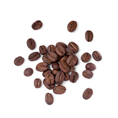 Roasted coffee beans on white background, top view