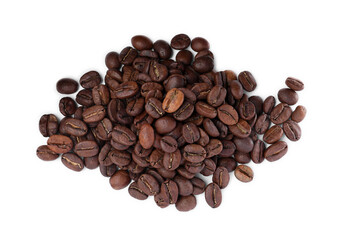 Pile of roasted coffee beans on white background, top view