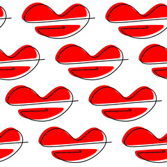 Seamless pattern with red lips and line art