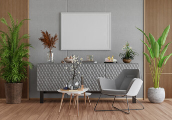 3D mockup photo frame with houseplant in living room rendering