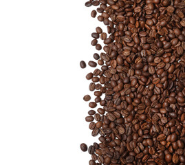 Many roasted coffee beans on white background, top view