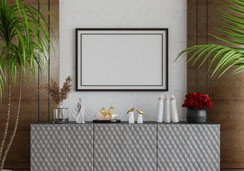 3D mockup photo frame with houseplant in living room rendering