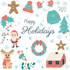 Happy holiday winter element pattern set: warm clothes, deer, Santa Claus, biscuits. Perfect for background,  scrapbooking, greeting card, sticker kit.