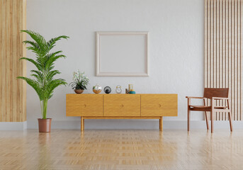 3D mockup photo frame with houseplant in living room rendering