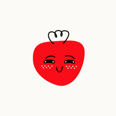 A colorful bright funny character with a face and emotions. The drawing style is vector spot and lines. Cute strawberry