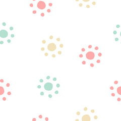 A charming simple vector pattern. Cute multi-colored circles of pastel shades, similar to the sun, on a universal white background. Neutral universal print, pattern or background