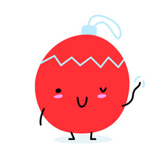 Cute funny character red Christmas ball waving his hand welcomes. Isolated vector graphics, trending and minimalistic.
