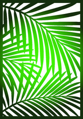 Die cut card. Laser cut vector panel. Cutout silhouette with leaves of palm tree. Pattern. Filigree tropical leaves for paper cutting. Stencil. Stamp