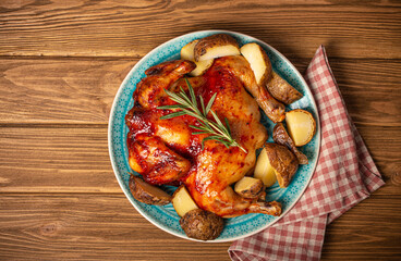Delicious roasted whole chicken with glazed gold crispy skin on big ceramic plate top view on wooden rustic background top view, traditional tasty dinner 