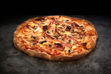 pizza with cheese and various ingredients