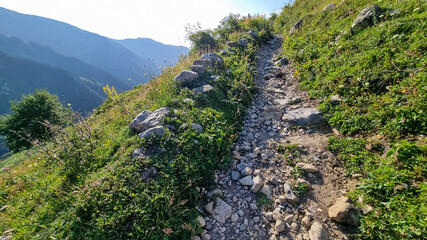 A narrow pathway in high Caucasus mountains in Georgia. There are high glaciers in the back. Thick clouds above the sharp peaks. Lush pastures on the sides. Barren peaks. Idyllic landscape.