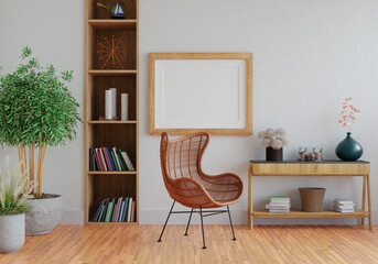 3D mockup photo frame with houseplant in living room rendering
