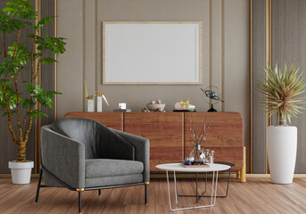 3D mockup photo frame with houseplant in living room rendering