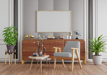 3D mockup photo frame with houseplant in living room rendering