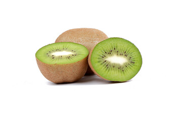 ripe kiwi fruits and kiwi halves isolated on a white background