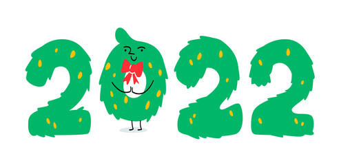 The inscription of the numbers 2022. Lined with green Christmas trees. In the center is a Christmas wreath. A cute character with a bow tie is smiling. Emotional postcard, banner, poster.