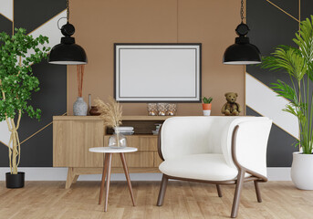 3D mockup photo frame with houseplant in living room rendering