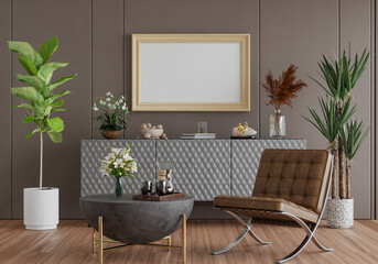 3D mockup photo frame with houseplant in living room rendering