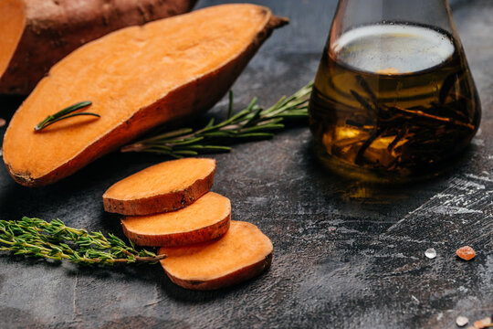 Raw Sweet Potatoes Or Batatas. Food Recipe Background. Close Up