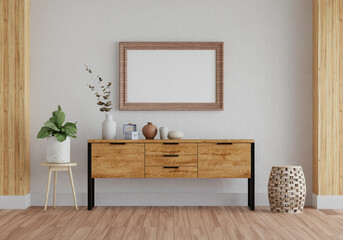 3D mockup photo frame with houseplant in living room rendering