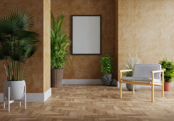 3D mockup photo frame with houseplant in living room rendering