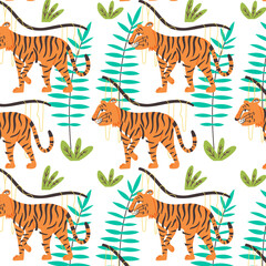 Fototapeta na wymiar Seamless pattern of a crouching tiger in the jungle. Wild Cat predator orange and black vector modern flat style background