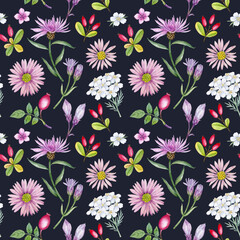 Watercolor flowers seamless pattern. Wild meadow flowers rapport can be used as print, postcard, invitation, packaging design, textile, fabric, wrapping paper.