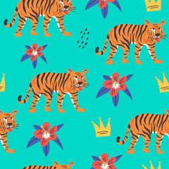 Fototapeta na wymiar Seamless pattern striped tiger exotic flower. Wild Cat predator orange and black vector modern flat style background