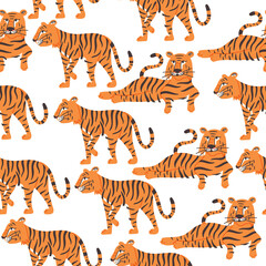 Seamless pattern striped tigers on white background. Wild Cat predator orange and black vector modern flat style background