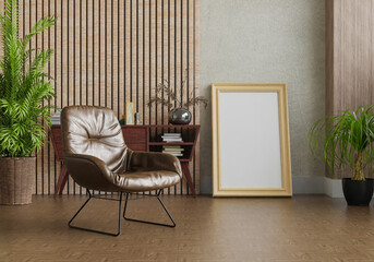 3D mockup photo frame with houseplant in living room rendering