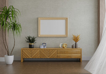 3D mockup photo frame with houseplant in living room rendering