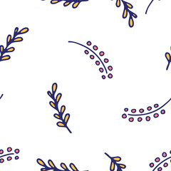 A simple but bright and contrasting vector pattern or background. Juicy blue color of plants with yellow and pink berries and leaves in a minimalistic abstract form on a universal white background