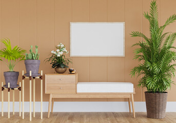 3D mockup photo frame with houseplant in living room rendering